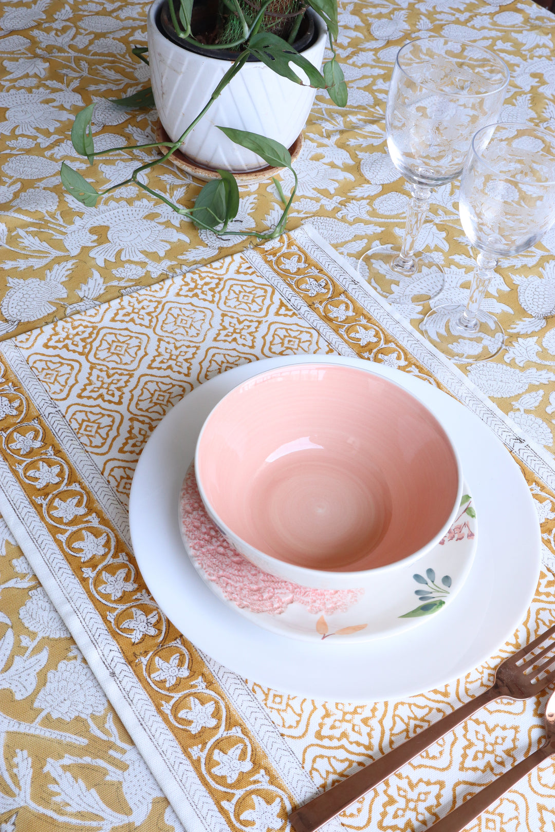 Spice Route placemats - Block print table mats set of 6 - 13x19 inches - Yellow
