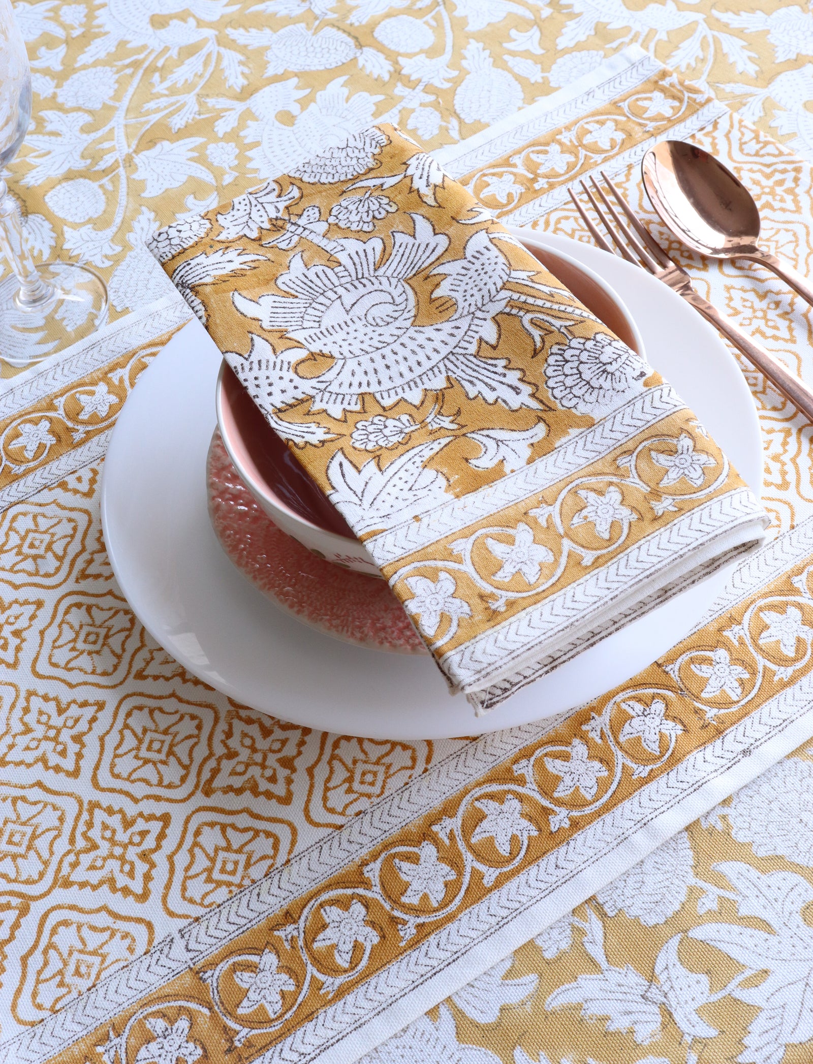 Spice Route yellow block print cotton dinner napkins set of 6, handmade table linen by Kari by Kriti
