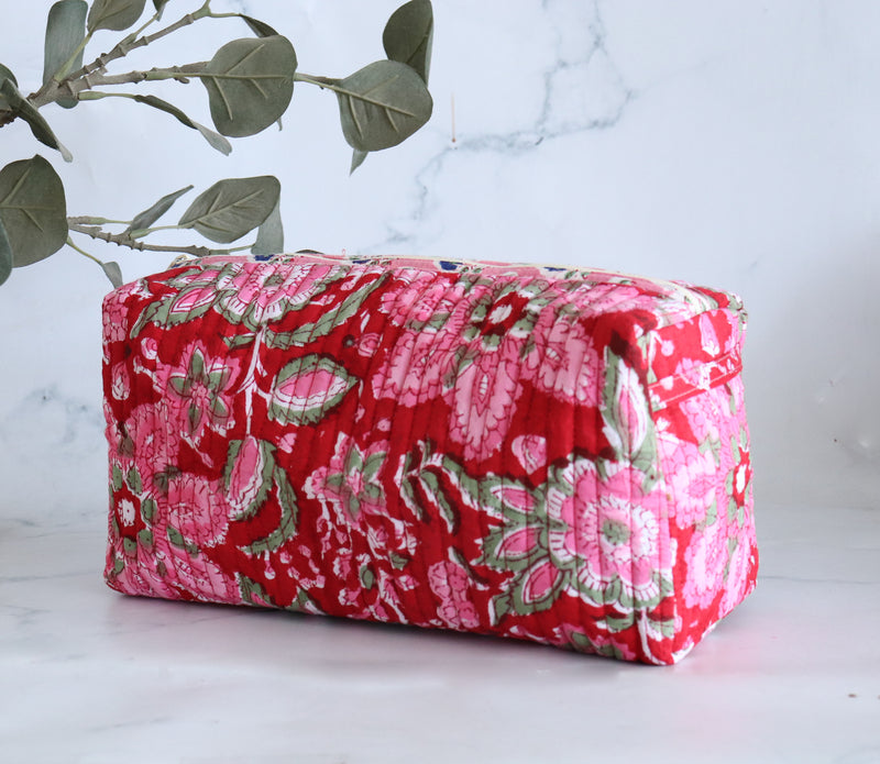 Large Cosmetic bag - Makeup bag - Block print travel pouch- Red