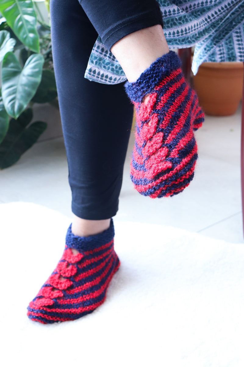 Woolen socks for winters - hand knitted wool socks - Navy blue and Red