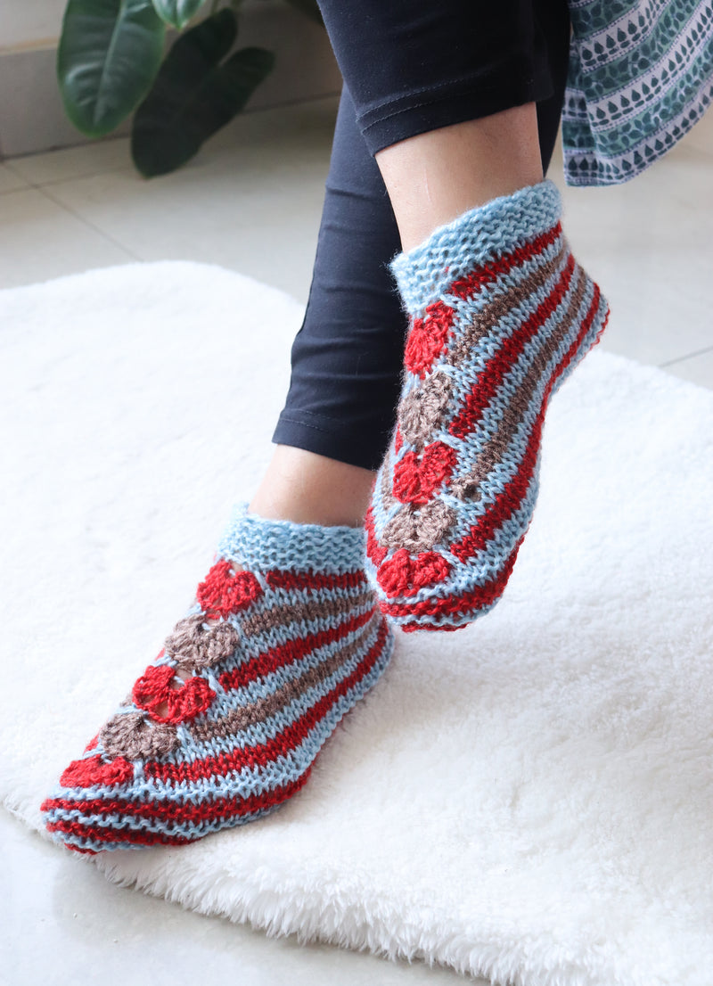 Woolen socks for winters - hand knitted wool socks - Lt blue & red