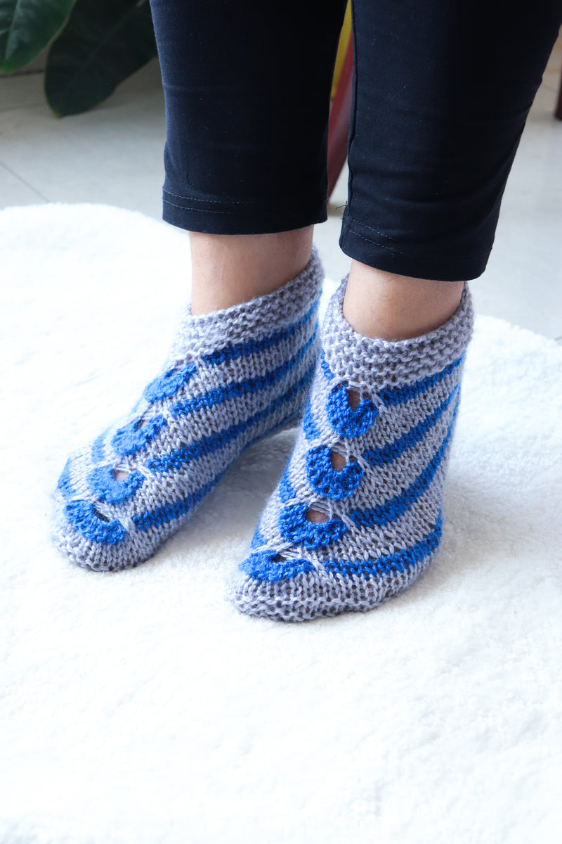 Woolen socks for winters - hand knitted wool socks - Grey and blue