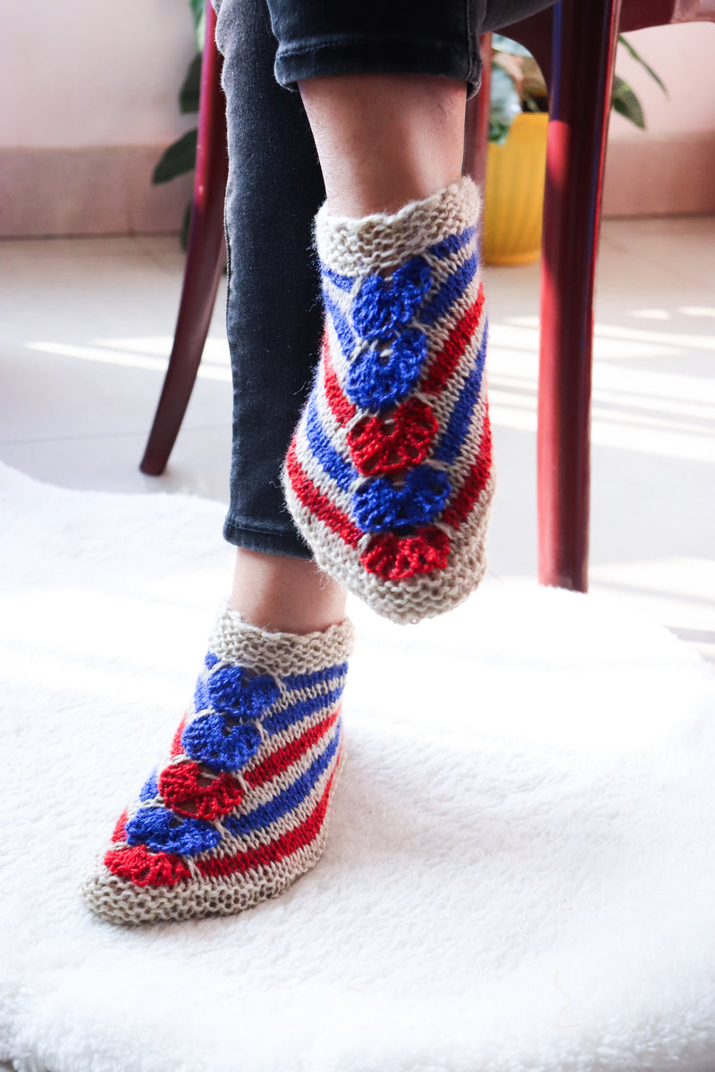 Woolen socks for winters - hand knitted wool socks - Multi red & blue