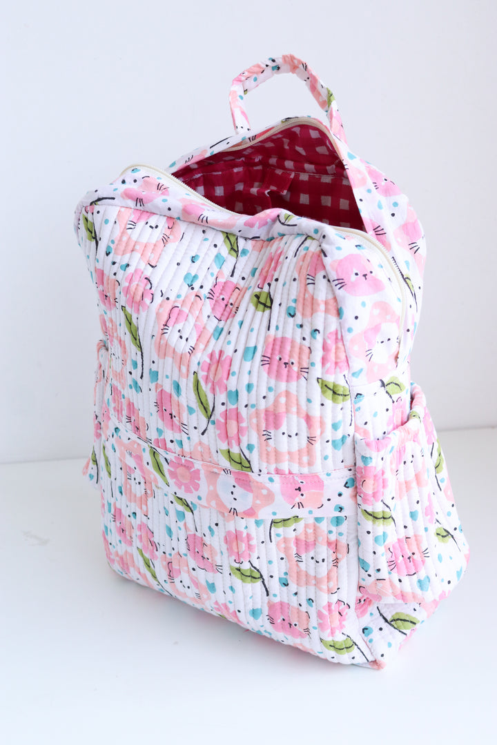 Personalized Kids Quilted back pack - Toddler back pack - Pink and Green Cats