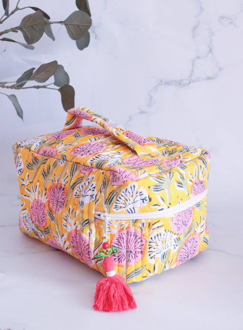 Handcrafted Vanity Bag for Women - Hand block printed Vanity case - Yellow Floral