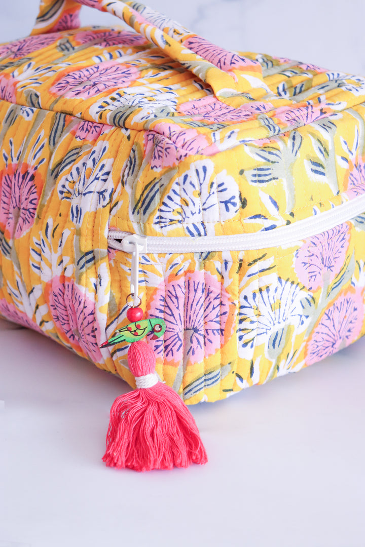 Handcrafted Vanity Bag for Women - Hand block printed Vanity case - Yellow Floral