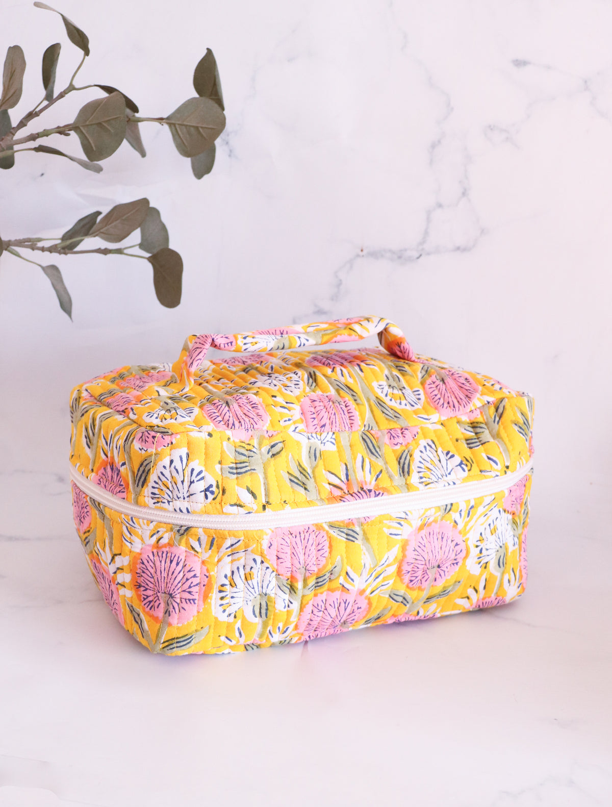 Handcrafted Vanity Bag for Women - Hand block printed Vanity case - Yellow Floral - close up detail
