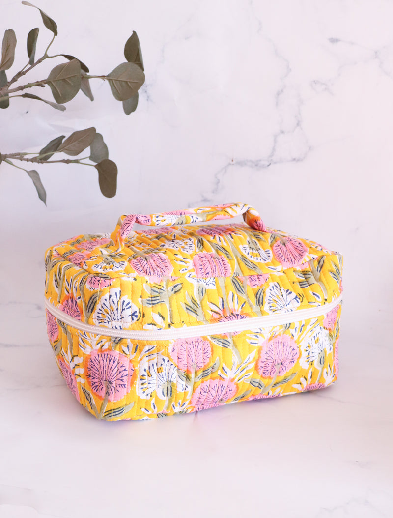 Handcrafted Vanity Bag for Women - Hand block printed Vanity case - Yellow Floral