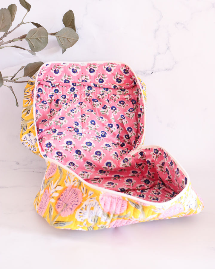 Handcrafted Vanity Bag for Women - Hand block printed Vanity case - Yellow Floral
