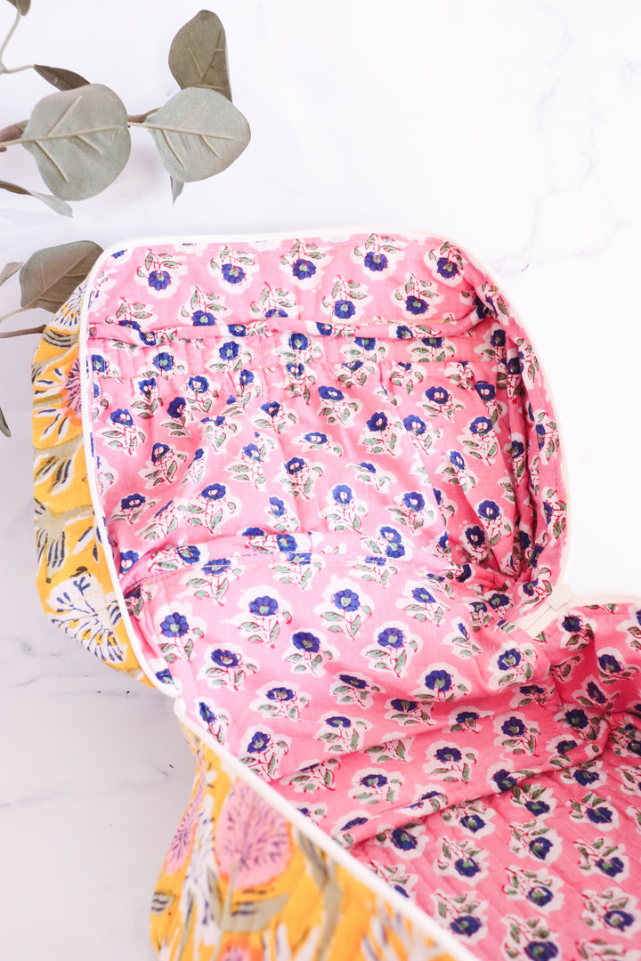 Handcrafted Vanity Bag for Women - Hand block printed Vanity case - Yellow Floral