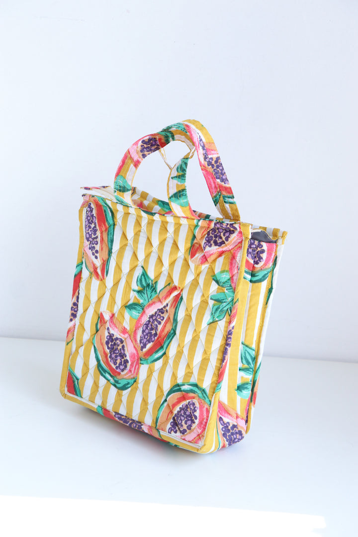 Fruity Mini Tote bags - Lunch tote bag - Boho quilted lunch bags - Yellow Papaya