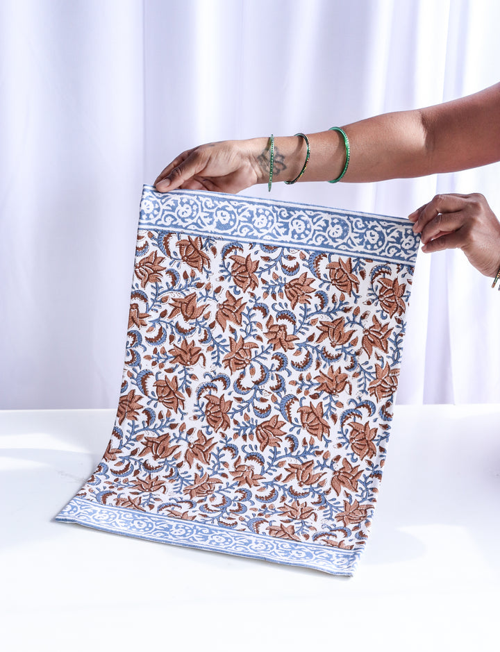 Mocha Mornings placemats - Block print table mats set of 6 - 13x19 inches - Brown &amp; Blue - Placemats by Kari by Kriti