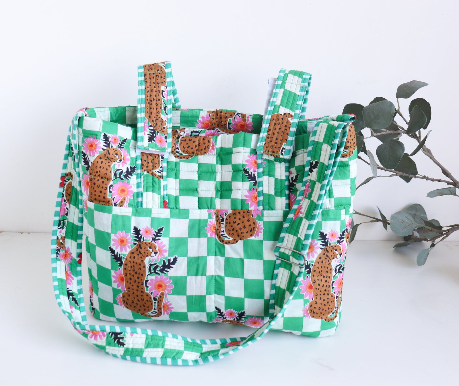 Personalized Baby Diaper Bag - Green Cheetah Block Print - Stroller Friendly - back view