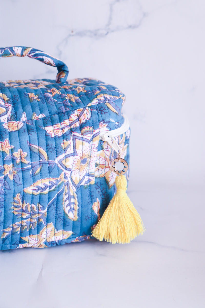 Handcrafted Vanity Bag for Women - Hand block printed Vanity case - Blue floral