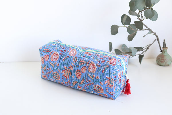 Blue floral block print Dyson Airwrap organizer bag, handmade cotton by Kari by Kriti

