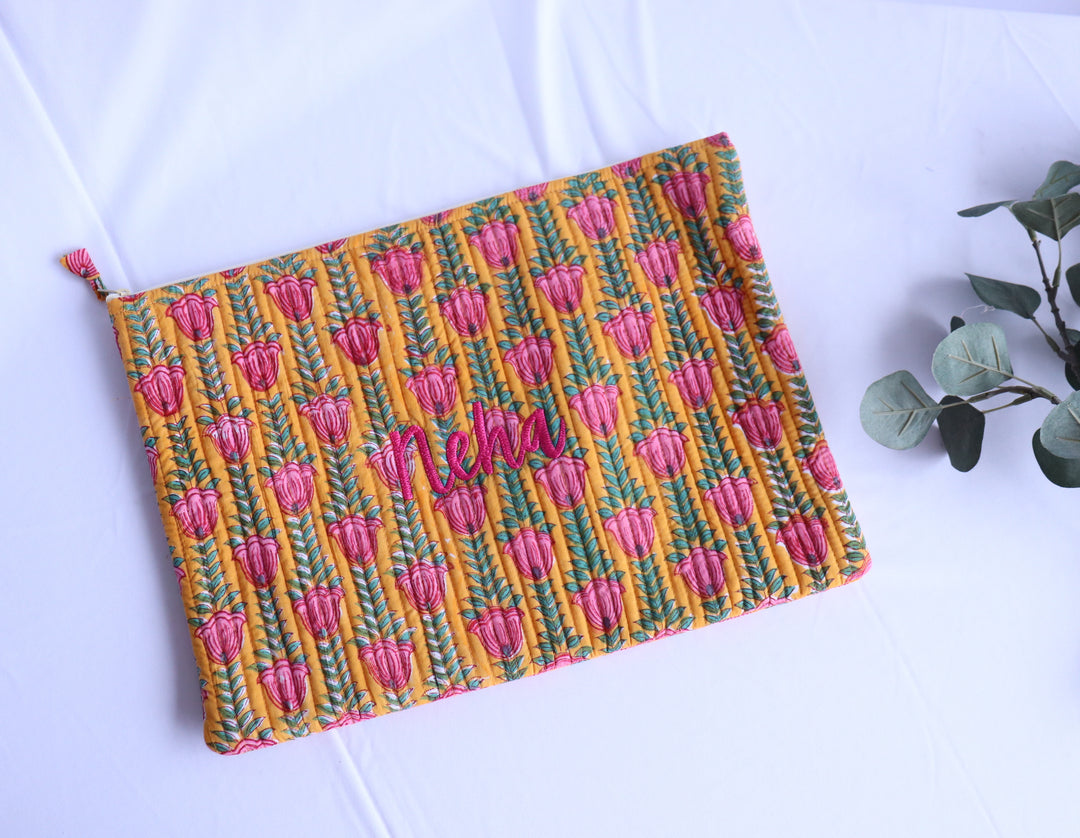 Sale - "Neha" Personalized Large Cosmetic bag - laptop bag - Yellow