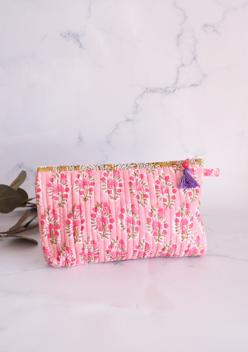 Quilted utility pouches - Block print pencil pouches - Pink ditsy