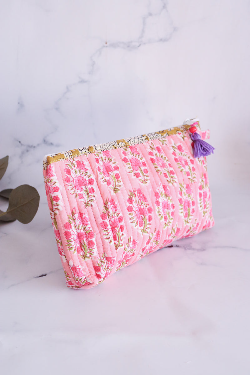 Quilted utility pouches - Block print pencil pouches - Pink ditsy