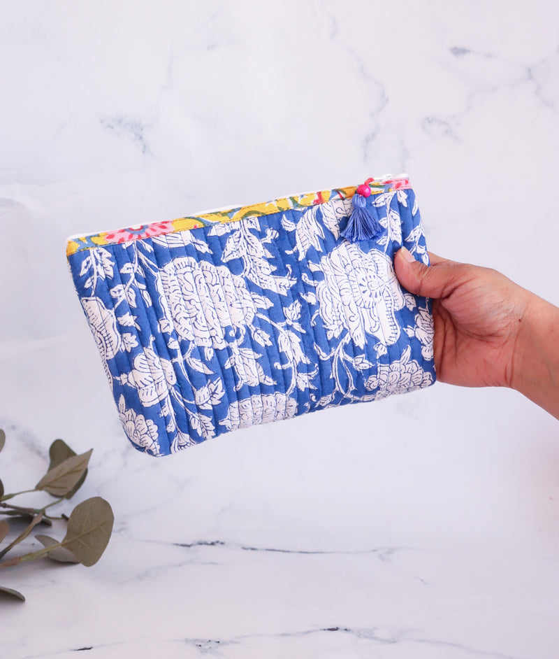 Quilted utility pouches - Block print pencil pouches - Blue Floral