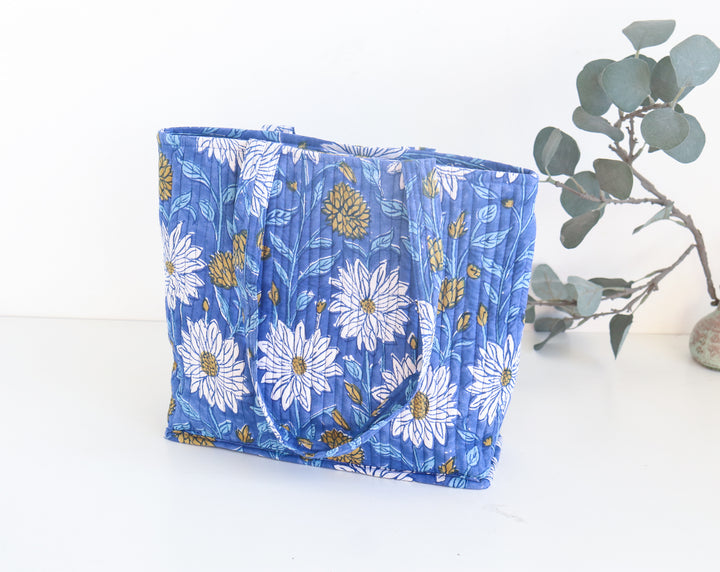 Block print zip tote bag - Boho quilted women's bags - Women's handbag - Blue Floral