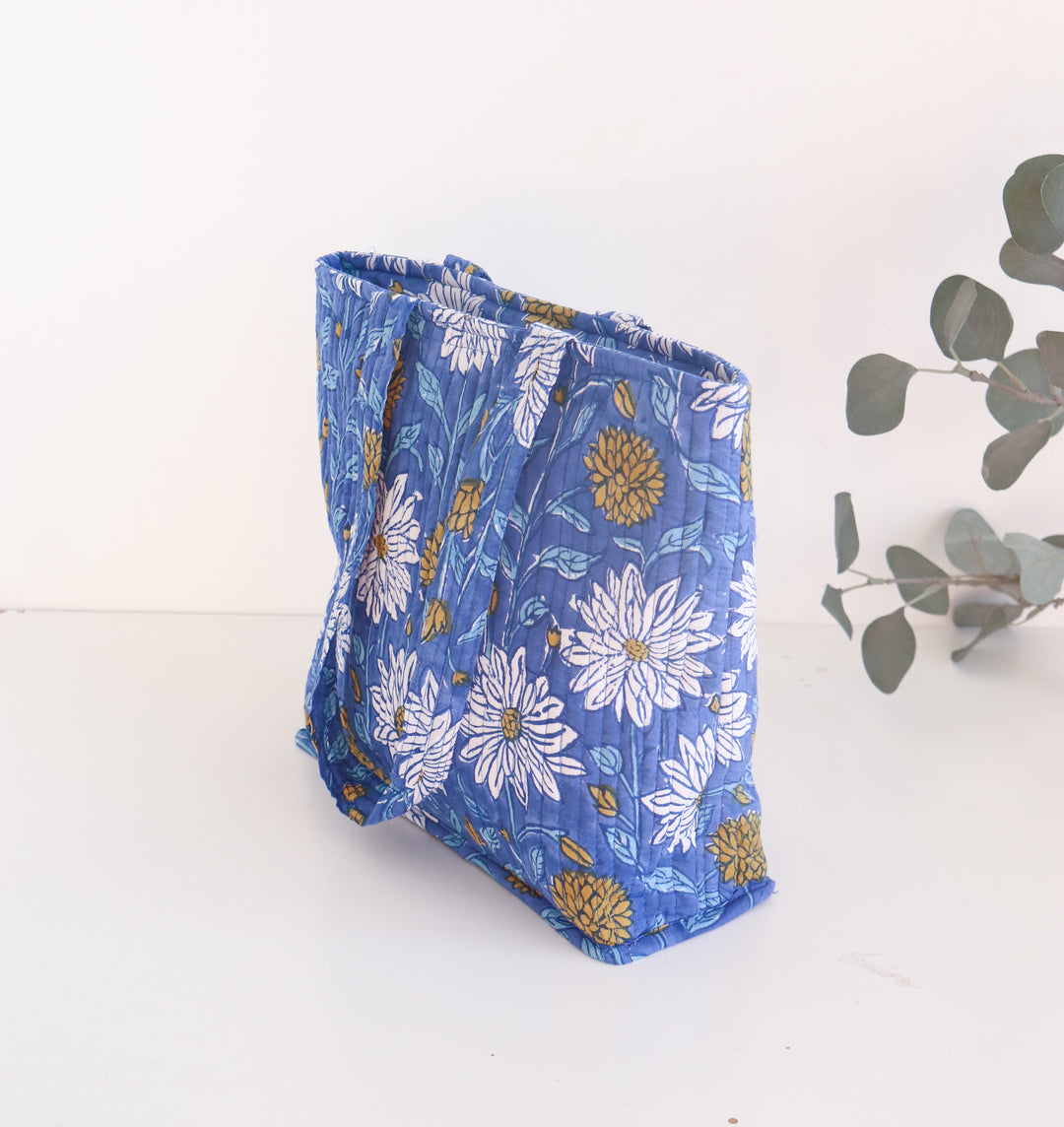Block print zip tote bag - Boho quilted women's bags - Women's handbag - Blue Floral