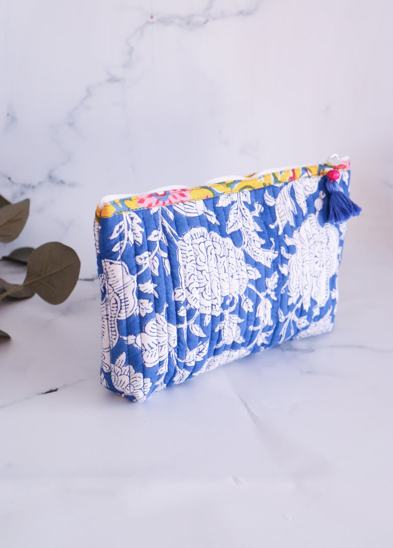 Quilted utility pouches - Block print pencil pouches - Blue Floral