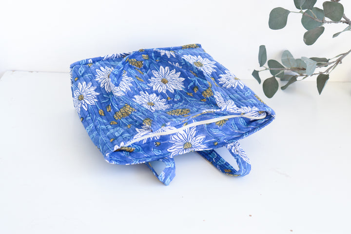 Block print zip tote bag - Boho quilted women's bags - Women's handbag - Blue Floral