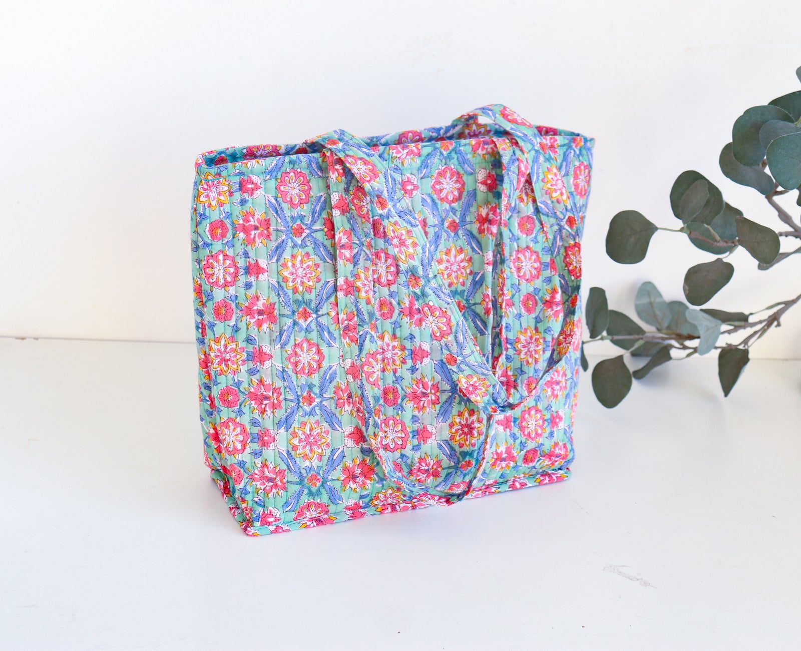 Multicolour floral block print quilted zip tote bag for women, handmade cotton by Kari by Kriti
