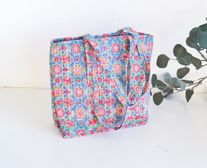 Block print zip tote bag - Boho quilted women's bags - Multicolour Floral