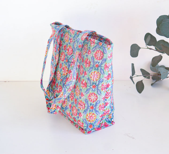 Block print zip tote bag - Boho quilted women's bags - Multicolour Floral