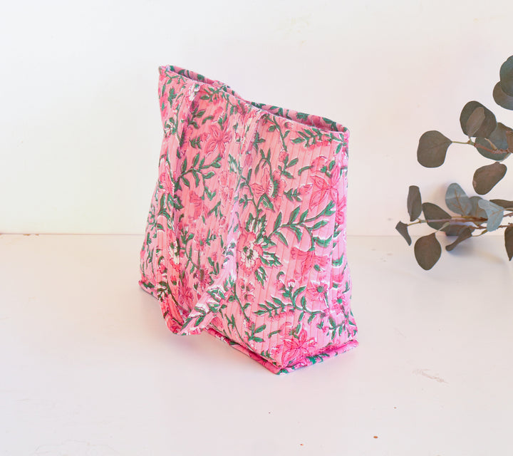 Block print tote bag - Boho quilted women's bags - Women's handbag - Pink Floral