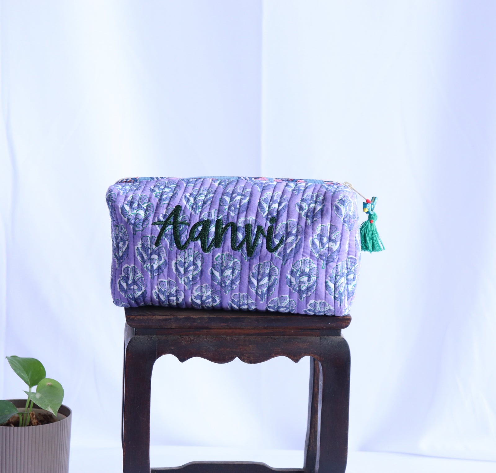 Sale - "Aanvi" Personalized medium cosmetic  bag - Makeup bag - Lilac - Makeup bag by Kari by Kriti