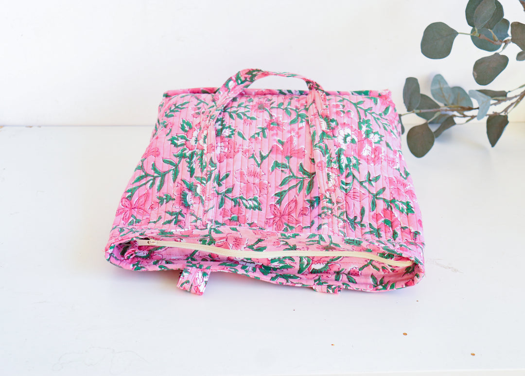Block print tote bag - Boho quilted women's bags - Women's handbag - Pink Floral
