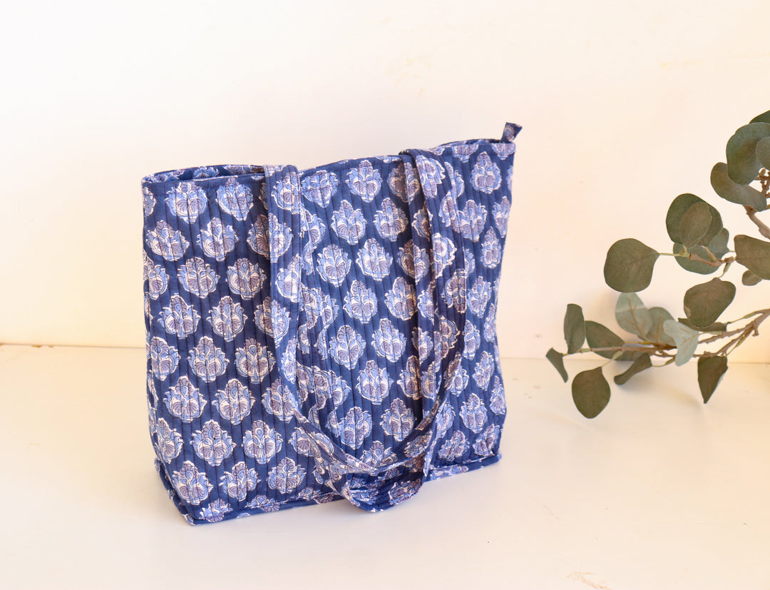 Block print tote bag - Boho quilted women's bags - Women's handbag - Blue floral
