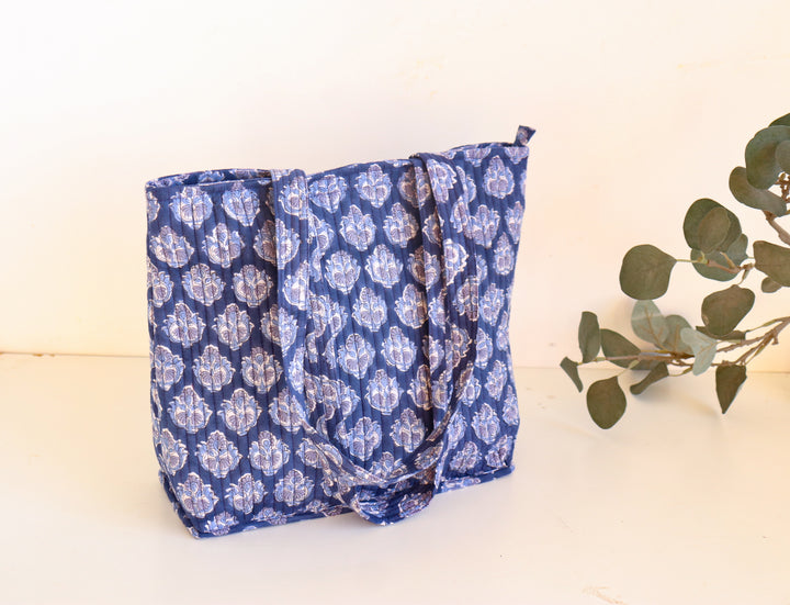Block print tote bag - Boho quilted women's bags - Women's handbag - Blue floral