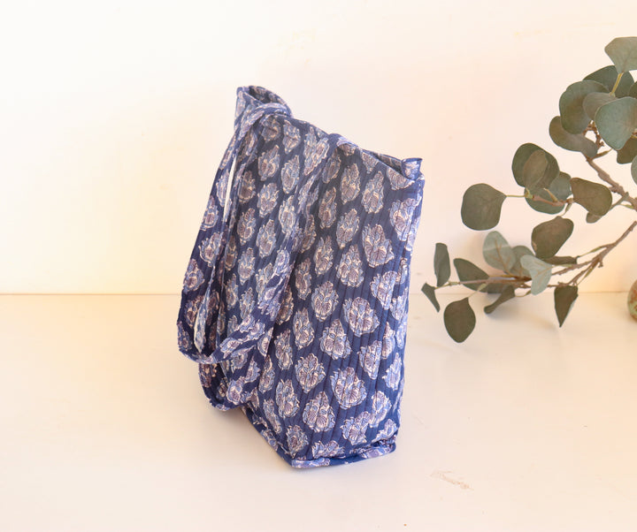 Block print tote bag - Boho quilted women's bags - Women's handbag - Blue floral