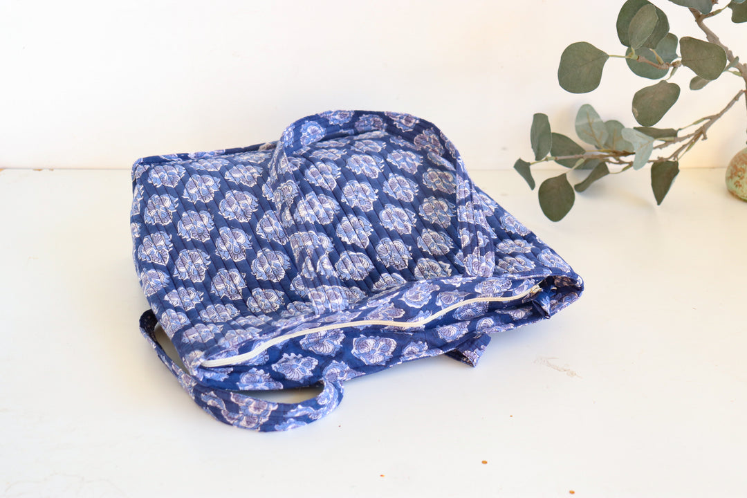 Block print tote bag - Boho quilted women's bags - Women's handbag - Blue floral