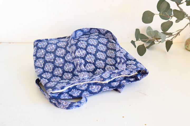 Block print tote bag - Boho quilted women's bags - Women's handbag - Blue floral