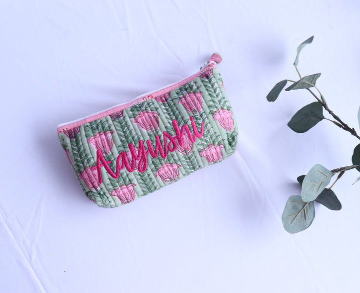 Personalized "Aayushi" utility pouches - Block print pencil pouches - Green - Makeup bag by Kari by Kriti