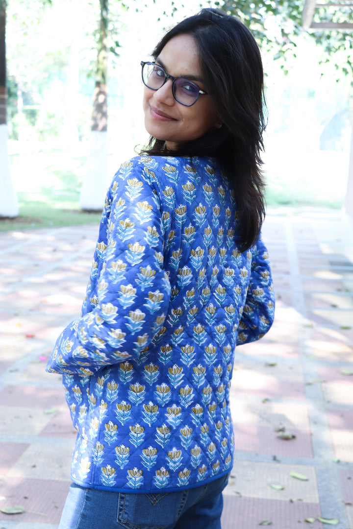 Block print Quilted Jackets - Cotton Jackets for women - Blue ditsy