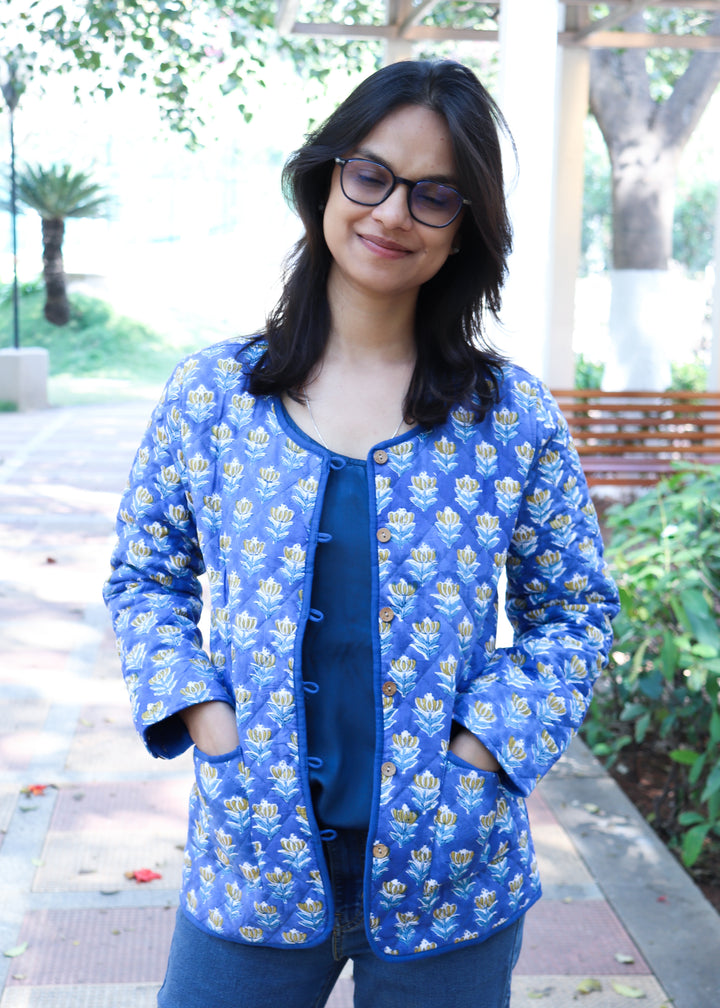 Block print Quilted Jackets - Cotton Jackets for women - Blue ditsy