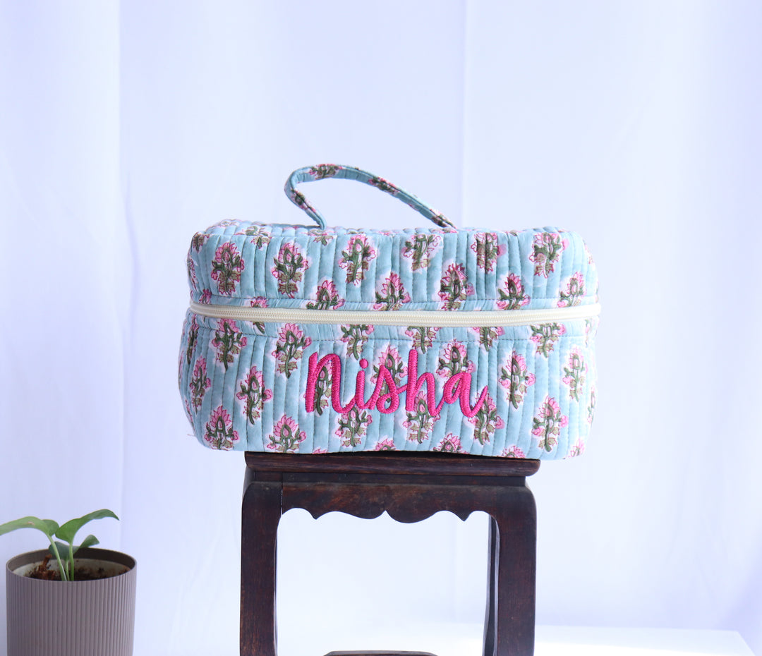 Sale - "Nisha" Personalized  large vanity bag - Makeup bag - Light blue