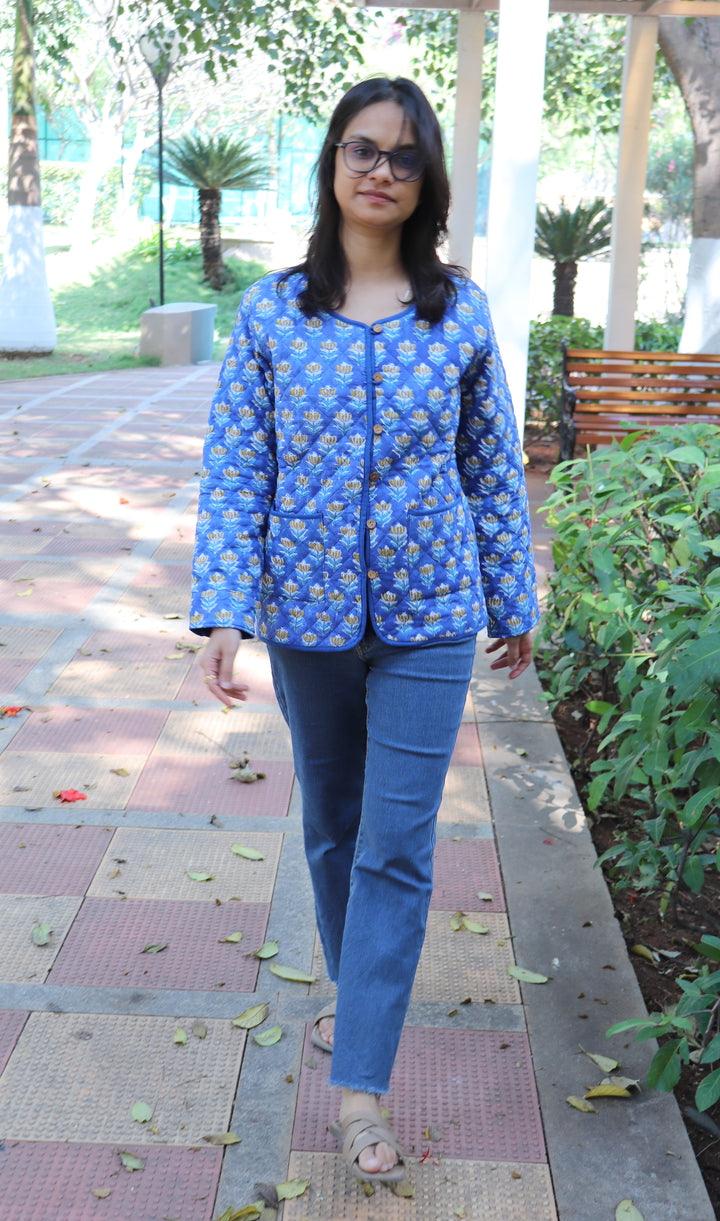 Block print Quilted Jackets - Cotton Jackets for women - Blue ditsy