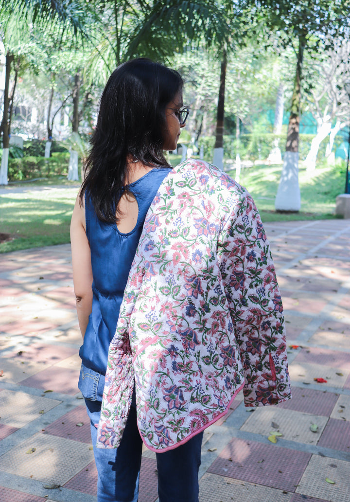 Block print Quilted Jackets - Cotton Jackets for women - White floral
