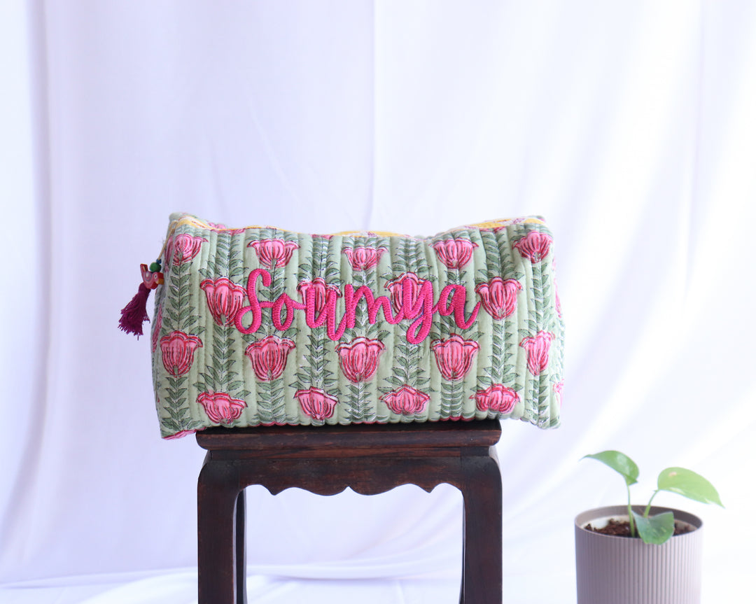Sale - "Soumya" Personalized large Cosmetic bag - makeup bag- Green