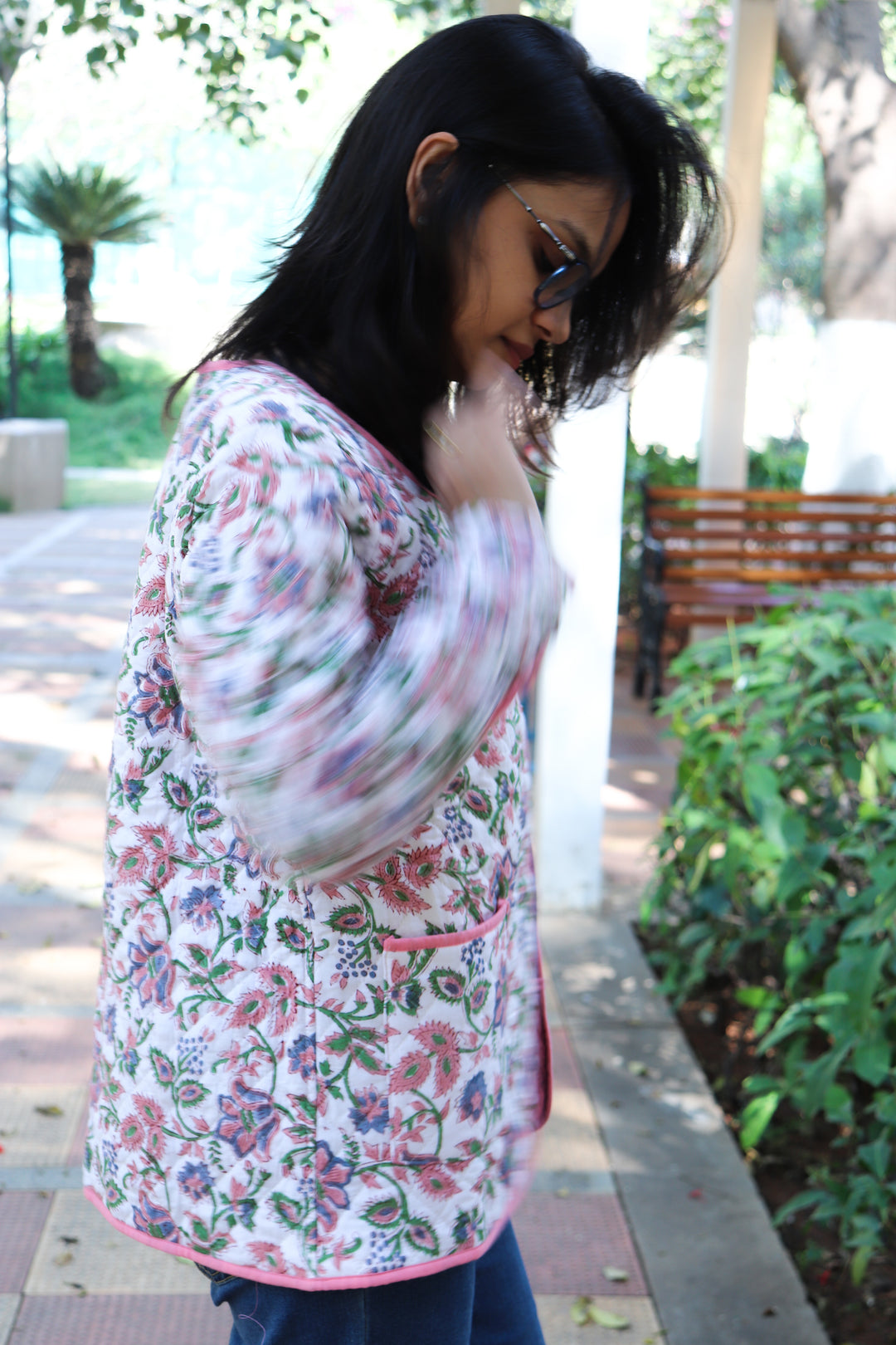 Block print Quilted Jackets - Cotton Jackets for women - White floral