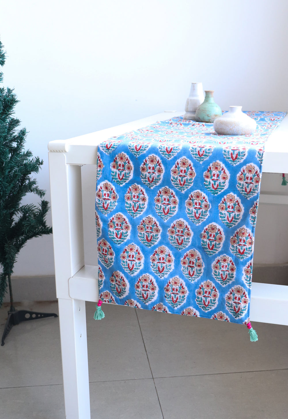 Reversible block print table runners bulk set handmade cotton 12x60
