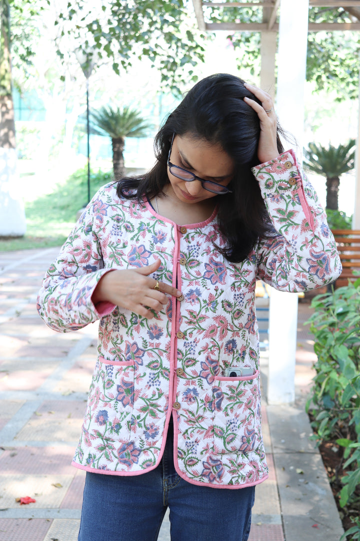 Block print Quilted Jackets - Cotton Jackets for women - White floral