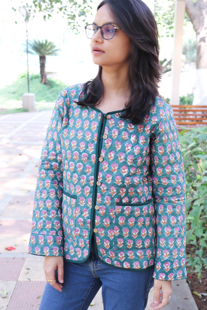 Block print Quilted Jackets - Cotton Jackets for women - Green Ditsy