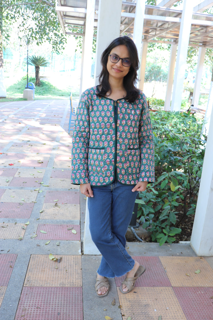 Block print Quilted Jackets - Cotton Jackets for women - Green Ditsy